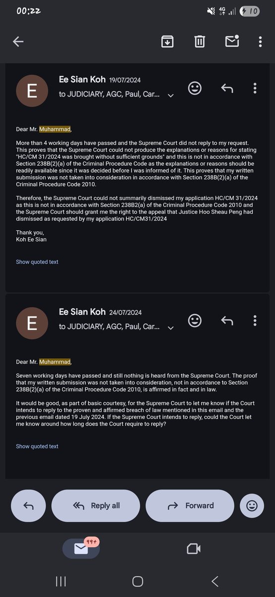 ee_sian's tweet image. @SingaporeCourts' #no #response #record 6 &amp;amp; 7:

No reply when S238B(2)(a) of the Criminal Procedure Code 2010 required #prompt #reply to #prove my written submissions had been considered before #dismissal so I quickly sent an email after 4 working days &amp;amp; then after 7 working days