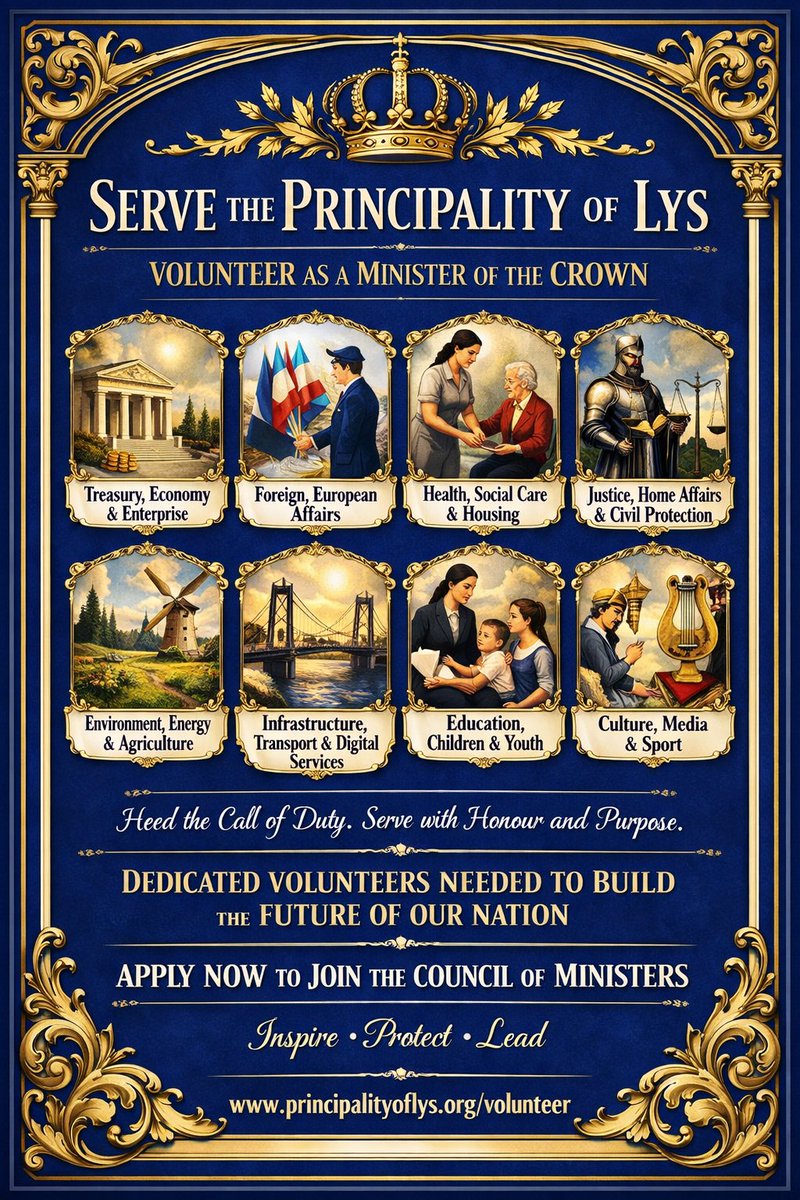 LysGov's tweet image. The Principality of Lys is entering a new era, one defined by structure, leadership, and shared vision.
Our Council of Ministers will guide us forward, but our strength will always come from our people.
Together, we build Lys.
JOIN US!
#Lys #PrincipalityofLys #Micronation #Gov