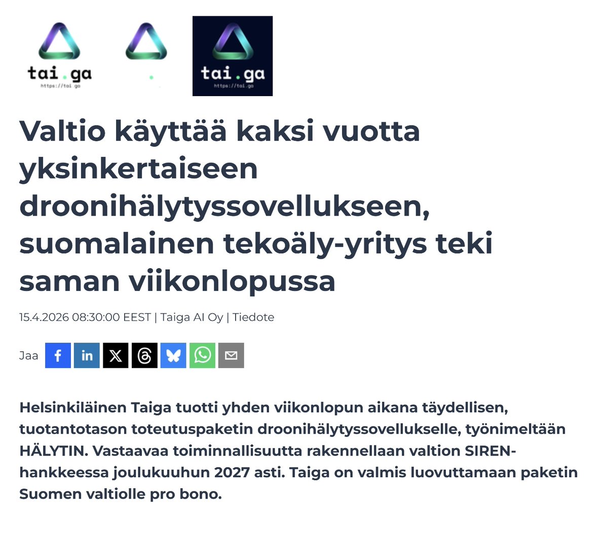 Tekoäly-yritys teki viikonlopussa sen, mihin julkisella kilpailutuksella menee ~2 vuotta.

Kysyin eräältä viranhaltijalta taannoin, että miksei rakennusluvat tule 75 päivän sijaan 75 sekunnissa. Tyhjä katse, ei ymmärtänyt kysymystä, sama tauti.🤷‍♂️
sttinfo.fi/tiedote/719571…