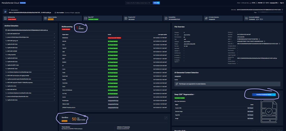 CyberMyler's tweet photo. Fun fact: “Buxgalter Tekshiruv Dasturi” is Uzbek for “Accounting Audit Software”.

Also, as of now, this IS detected and a "Deep CDR" sanitized version of the .jar is available at @OPSWAT's https://t.co/wmc1lY66SF. https://t.co/DkTENhFoxo
