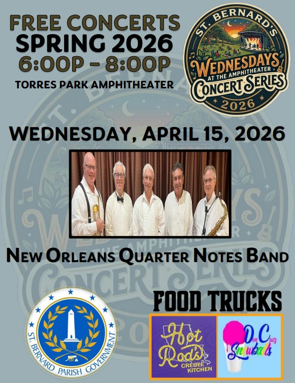 StBGov's tweet photo. Our Wednesday Concert Series continues tonight with New Orleans Quarter Notes Band! 
Enjoy delicious eats from Hot Rod’s Creole Kitchen &amp; sweet treats from Don Cruz Snowballs.
Beer, wine, soft drinks &amp; popcorn available too!
Concert starts at 6pm! https://t.co/wbd0uNgmZD
