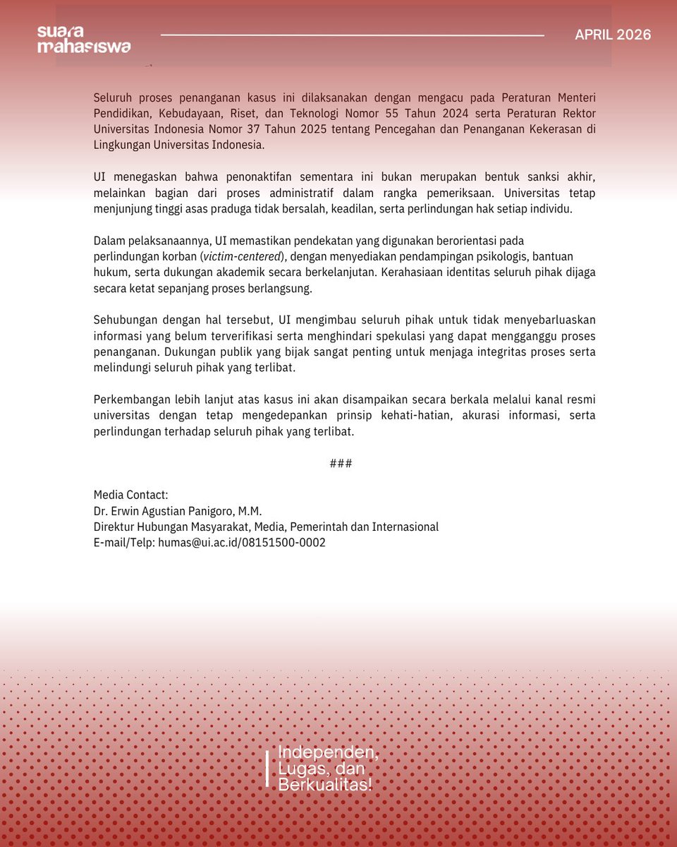 [Hard News]

UI Nonaktifkan Sementara Status Akademik Bagi 16 Mahasiswa Pelaku KS

suaramahasiswa.com/ui-nonaktifkan…