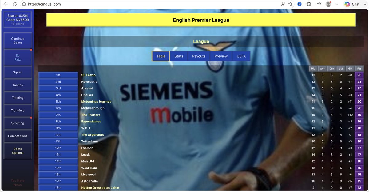 Briefly top of the league in Prem Beta Season 3.
And <a href="/NUFC/">Newcastle United</a> second and unbeaten as well. Decent start to the season.

Don't worry folks, it won't last!