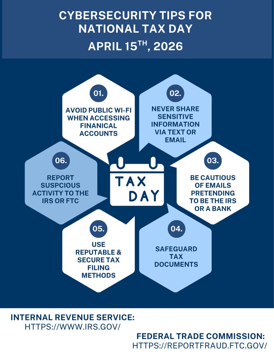 DpsRic's tweet image. It’s #NationalTaxDay and a prime time for cyber scams. 🖥️ Stay sharp, file safe, and protect your refund. 🛡️  #CyberSecurityTips #StaySafe