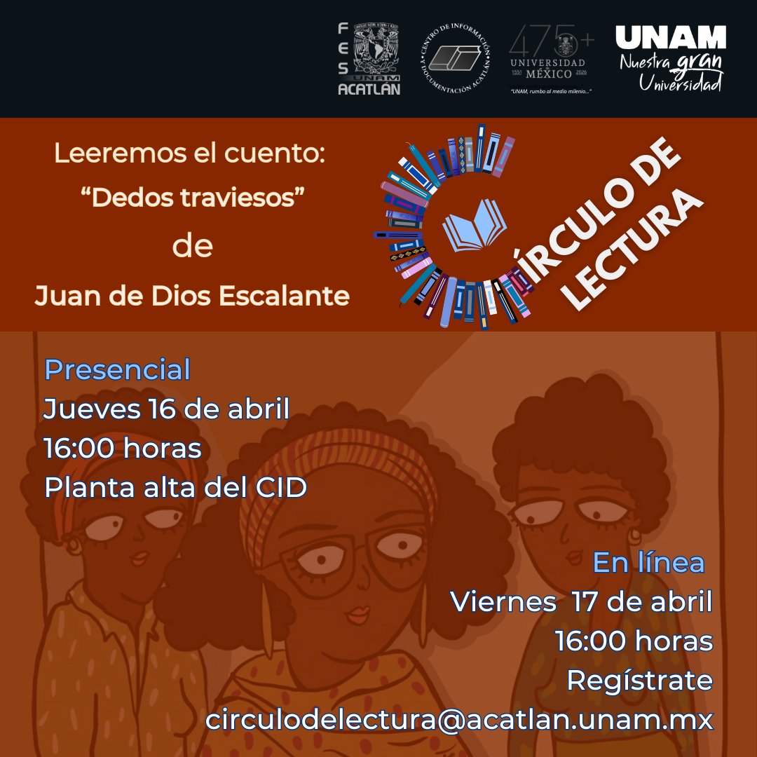 cid_consulta's tweet photo. ¡Te invitamos al Círculo de lectura del CID!
Jueves 16 de abril 16:00 hrs. presencial en la Sala Auditorio 1 del CID (planta alta de la biblioteca).
Viernes 17 de abril 16:00 hrs. Zoom
Para ingresar escríbenos al siguiente correo:
circulodelectura@acatlan.unam.mx
#CIDFESAcatlán https://t.co/w7zo3jmqlh