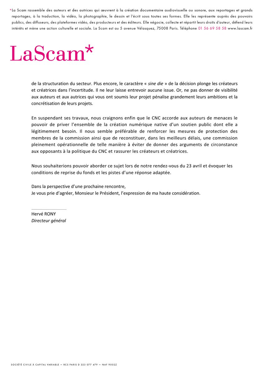 📰 Suspension des aides à la création web : LaScam inquiète et mobilisée !

Un courrier a été adressé à <a href="/gaetanbruel/">Gaëtan Bruel</a> <a href="/LeCNC/">Le CNC</a>, une rencontre est prévue prochainement pour porter les préoccupations des créateurs et créatrices de contenus.

La tribune <a href="/libe/">Libération</a> : liberation.fr/idees-et-debat…