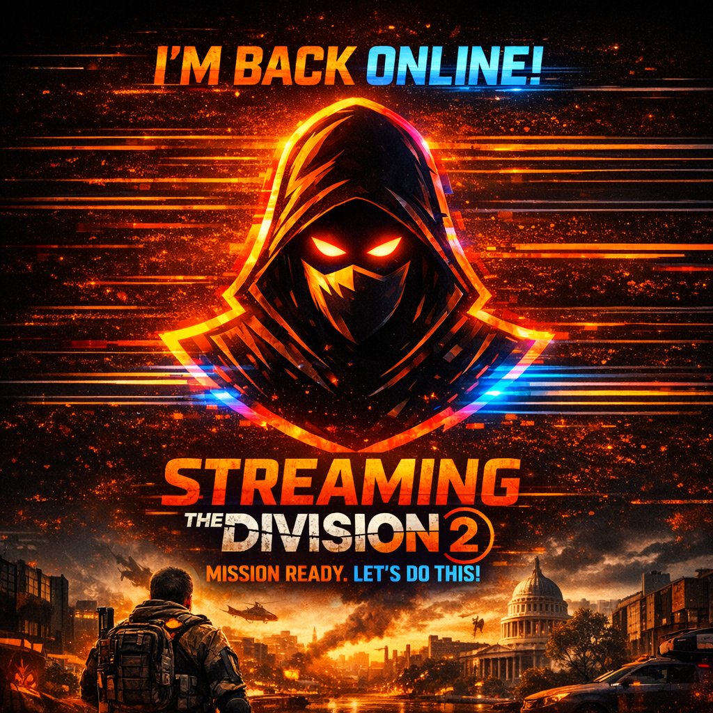 TracelessHQ's tweet photo. ๐ฅ IโM BACK ONLINE!
The Division 2 streams return tonight
Gear up, agents. Itโs time to reclaim D.C. ๐ฅ
๐ https://t.co/xDAYmPvpvk
#TheDivision2 #StreamerReturn #TracelessHQ #GamingCommunity #TwitchLive #CyberpunkVibes #ActionShooter #MissionReady #LetsDoThis https://t.co/oYjbbdpkSm