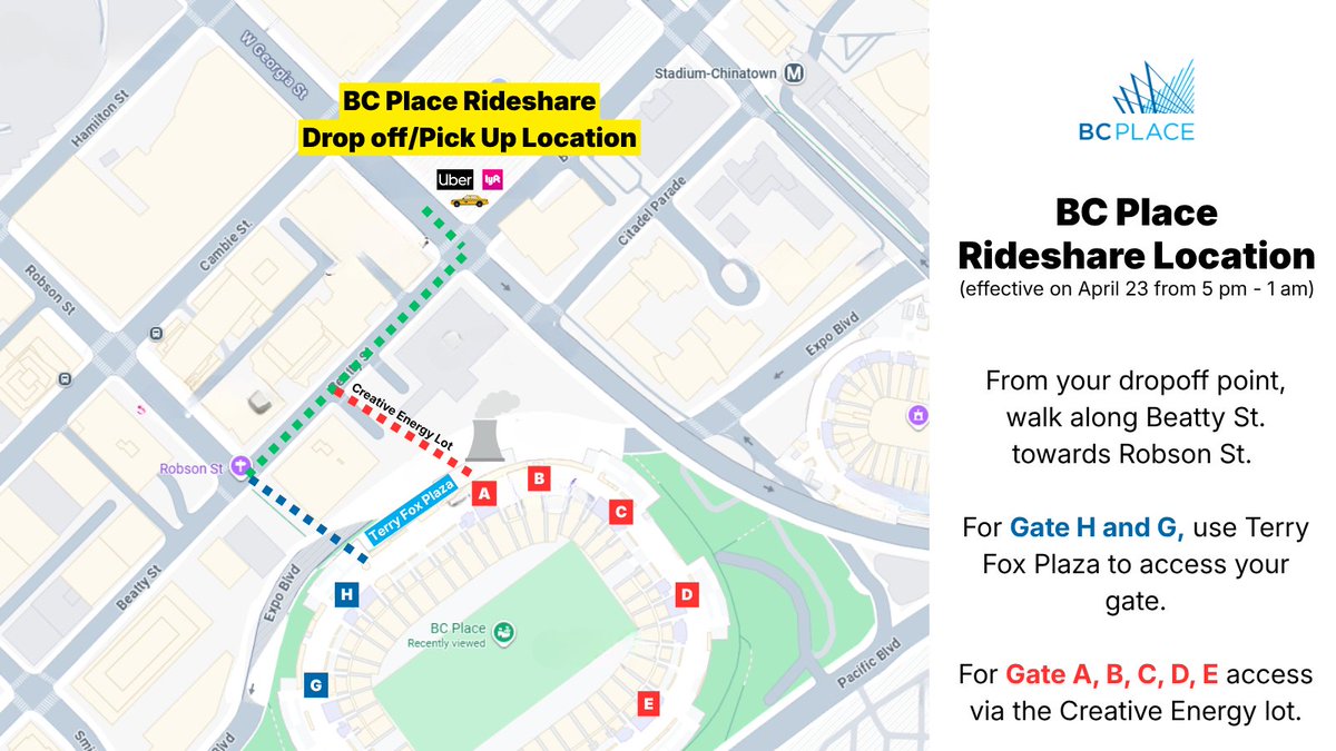 bcplace's tweet image. 🚘Coming to the stadium via rideshare on April 23 for @diljitdosanjh? Set your drop-off or pick up location to BC Place and follow the directions below ⬇️

#Rideshare #BCPlace