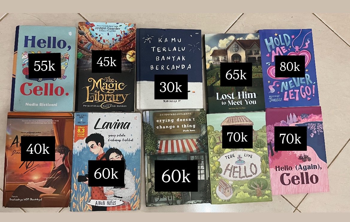 ITSYOURFLEA's tweet image. WTS NOVEL PRELOVED
1. HELLO CELLO
2.THE MAGIC LIBRARY 
3.KAMU TERLALU BANYAK BERCANDA
4.LOST HIM TO MEET YOU
5.HOLD ME NEVER LET GO
6.ANGKASA DAN 56 HARI
7.LAVINA
8.CRY DOESNT CHANGE A THING
9.HELLO TERE LIYE
10.HELLO ( AGAIN ) CELLO
bisa cek kondisi dm aja, bisa co shopee