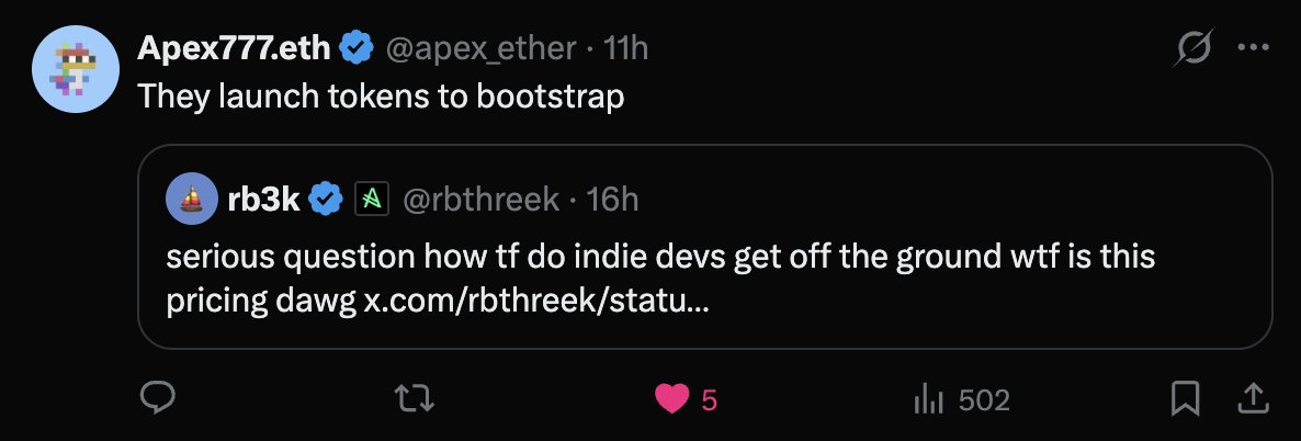 AspynPalatnick's tweet image. Many people still don't realize how powerful tokens are as a mechanism to fund indie projects

Tokens can make the dev $1,000 - $100,000+ which can significantly help an indie dev bootstrap

We are seeing many cases of this for those who launch with @bankrbot