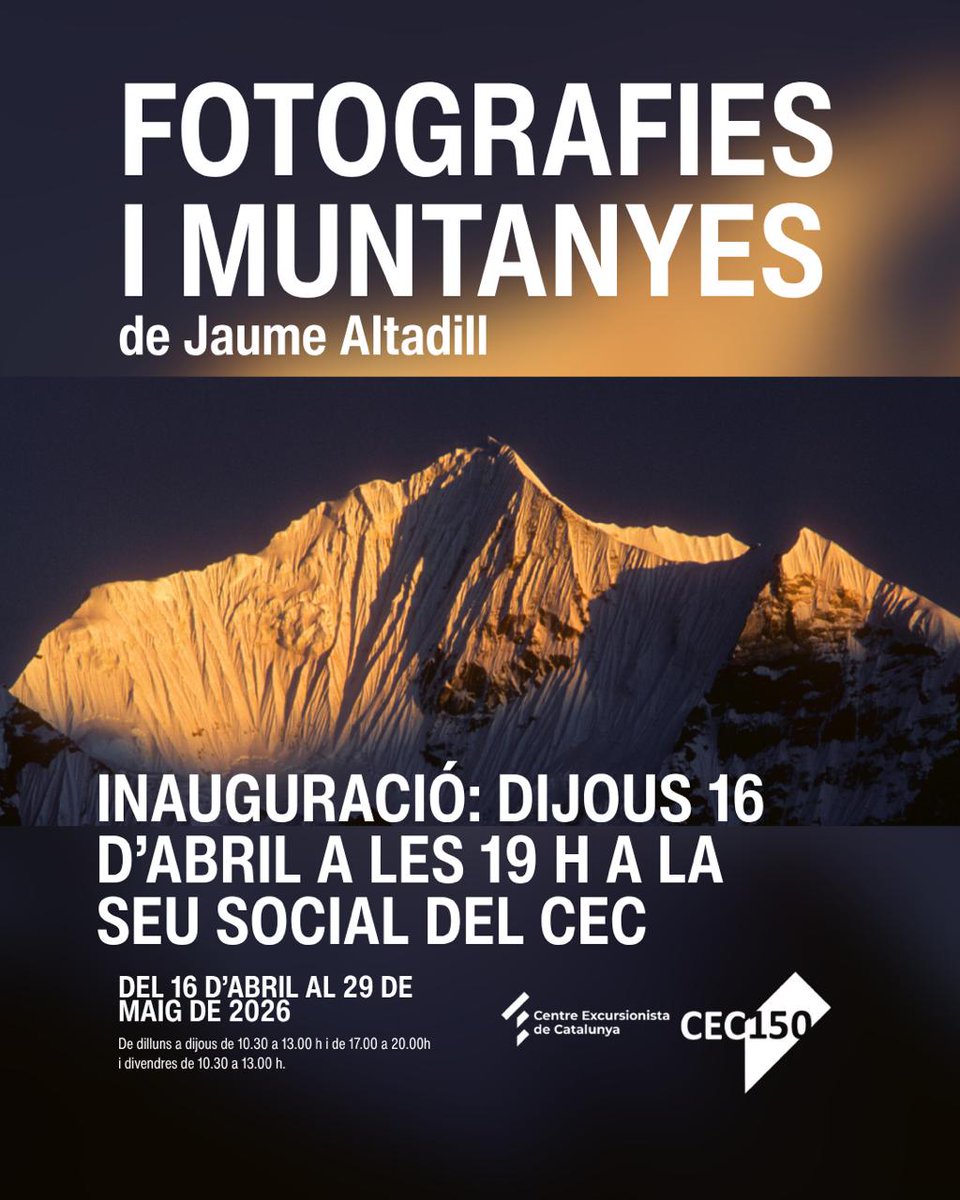 CEC_cat's tweet photo. Demà a les 19h, inaugurarem l'exposició “Fotografies i muntanyes” de Jaume Altadill, a la seu social del #CEC.
Aquesta exposició és un recull variat d’imatges de #muntanyes properes i llunyanes, que ens hi evoquen en tota la seva esplendor.
😍 Us hi esperem!
#Cultura #Barcelona https://t.co/8B4MWJ4Rha
