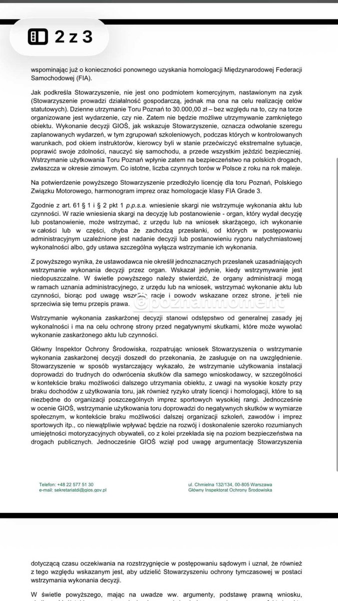 poznan_moment's tweet image. GIOŚ oficjalnie wstrzymuje wykonalność decyzji o zamknięciu Toru Poznań i przywracanego funkcjonalność.