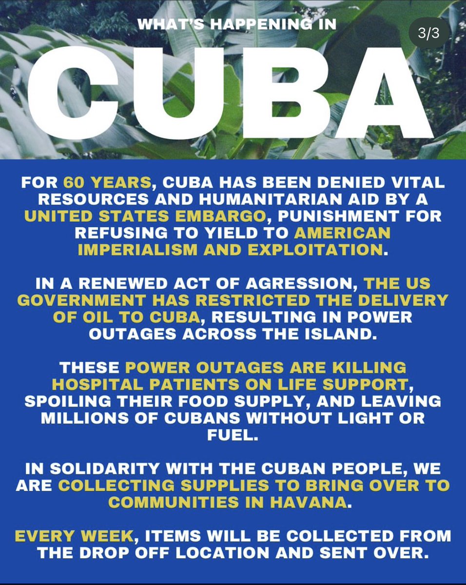 i’m going to Cuba in a month to bring aid and support their continued resistance to US imperialism. in addition to edifying myself in their methods of fighting food insecurities and overall championing stability, donations listed below are appreciated. any questions, please ask.