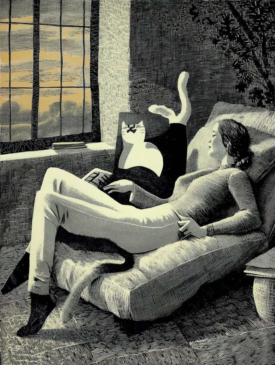 AlwaysAlthough's tweet photo. day 14 of experimenting with midjourney

today we figured out the difference between image prompt, style refrence and omni refrence

the  prompt: the woman laying next to the window petting her cat at sunset [adding omni refrence]

the results 👇🏻 https://t.co/CVFpAOePyM