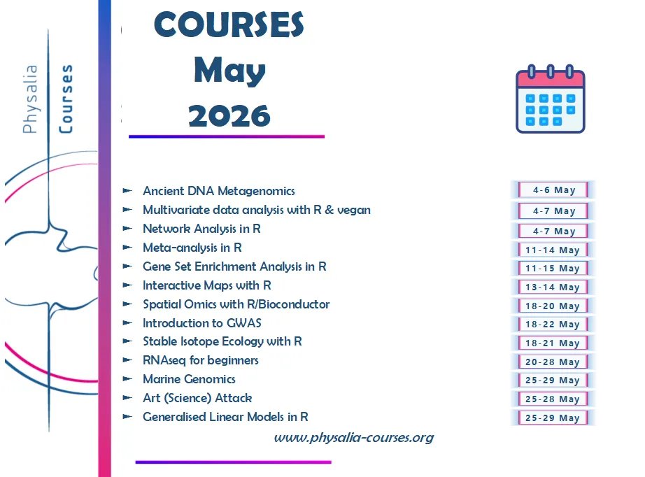 Physacourses's tweet image. Want to boost your data analysis skills?
Check out our May courses with an outstanding lineup of instructors.  

#Bioinformatics #Genomics #Rstats #Python
@Bioconductor  #DataScience #RNAseq #Metagenomics #Statistics @evol_genomics 

physalia-courses.org/courses-worksh…