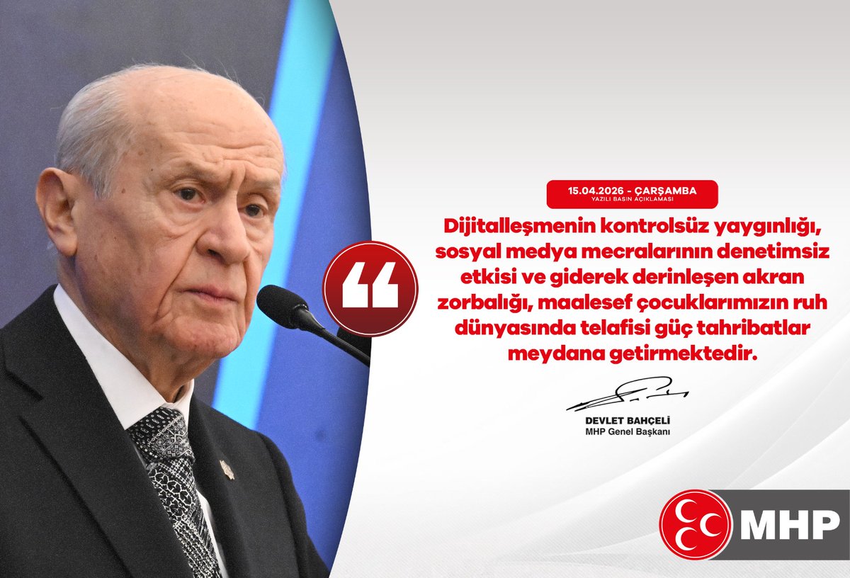 Dijitalleşmenin kontrolsüz yaygınlığı, sosyal medya mecralarının denetimsiz etkisi ve giderek derinleşen akran zorbalığı, maalesef çocuklarımızın ruh dünyasında telafisi güç tahribatlar meydana getirmektedir.

MHP Genel Başkanı
Devlet BAHÇELİ