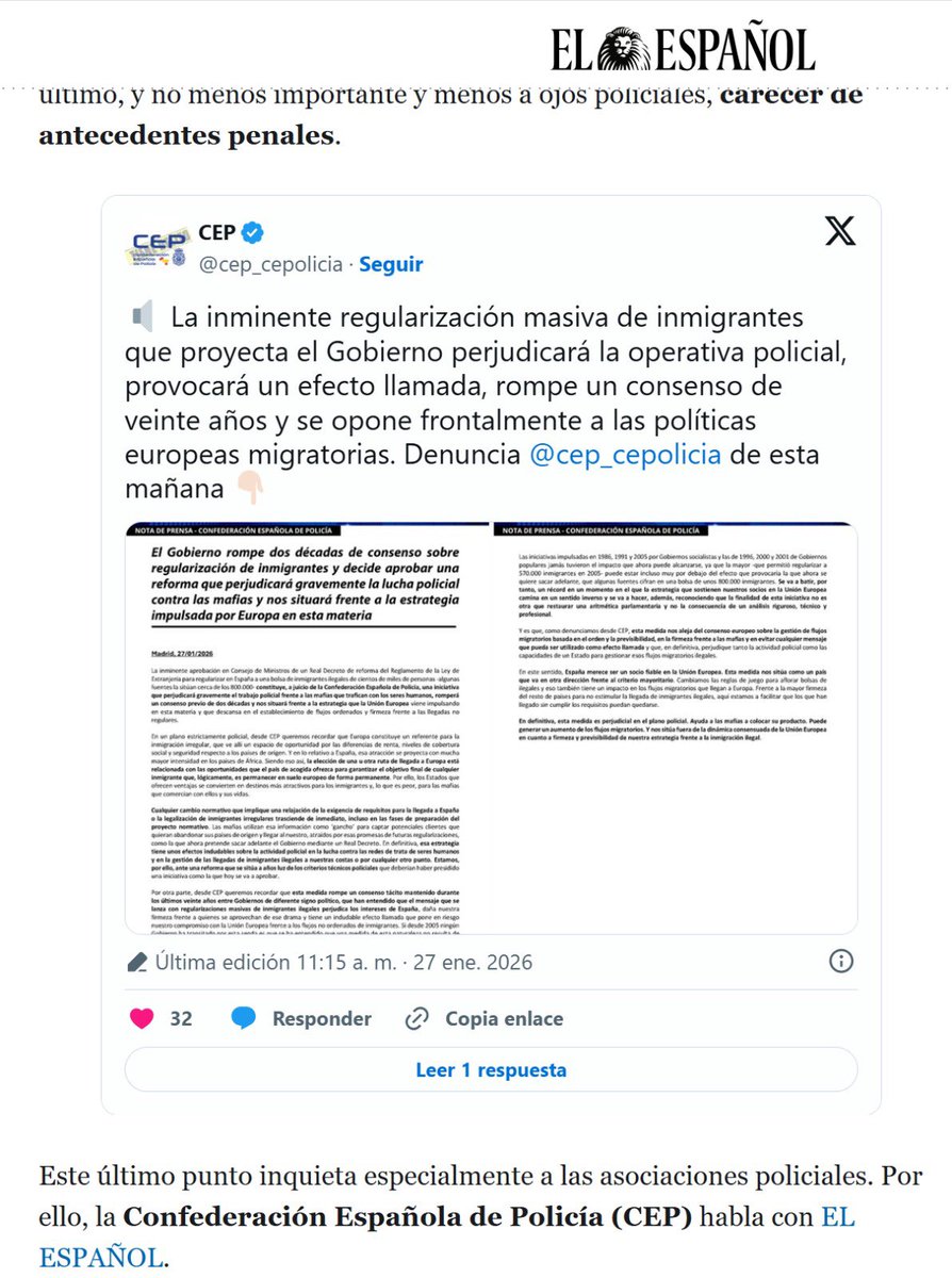 cep_cepolicia's tweet photo. 🔎 Radiografía de los cientos de miles de inmigrantes que podrán beneficiarse de una regulación masiva mal diseñada y peor ejecutada. Un ‘repor’ de @AntonioBN19 en @elespanolcom que recoge las denuncias de @cep_cepolicia.

👨🏻‍💻 https://t.co/Kbcf01jBOl https://t.co/KbkZI9kEhv