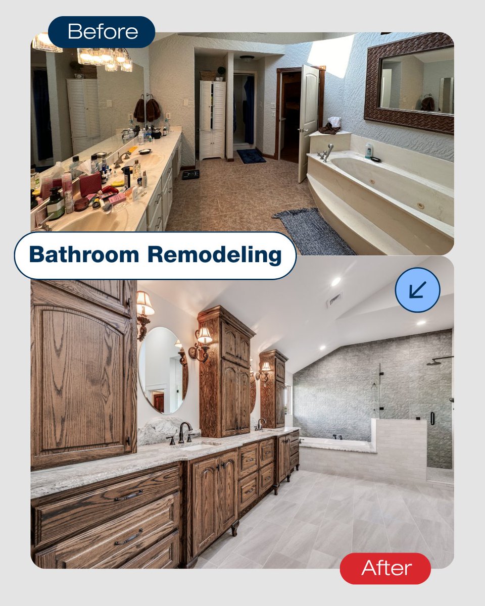 DFWImproved's tweet photo. This bathroom got a full reset, trading the bulky layout and mismatched finishes for rich wood cabinetry, a more open feel, and a spa-like tub-and-shower setup.

A transformation that feels as good as it looks! Ready for your own bathroom remodel? Contact us today!

#DFWImproved https://t.co/IF33mmmKKI