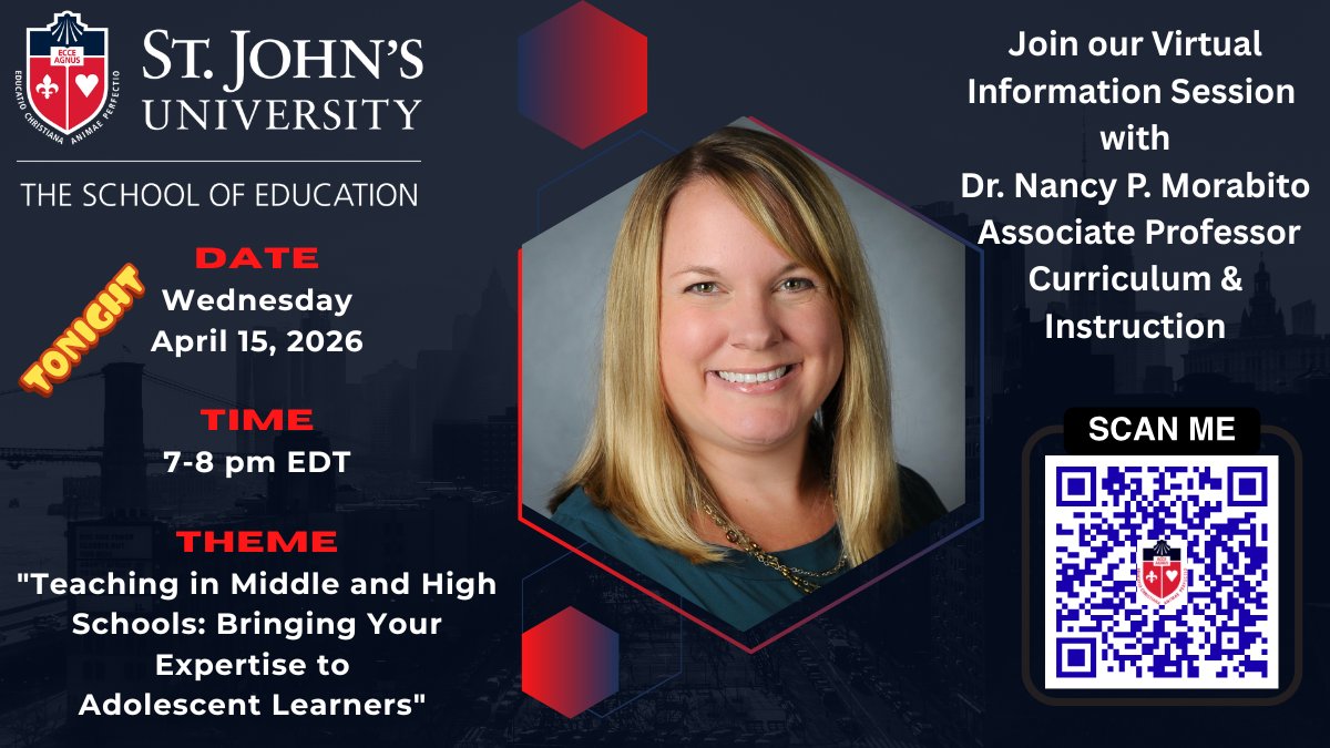 SJUSchoolOfEd's tweet image. Join us TONIGHT @7:00pm for a VIRTUAL information session on “Teaching in Middle and High Schools: Bringing Your Expertise to Adolescent Learners.”  @StJohnsU
REGISTER NOW
👇👇👇👇👇
conta.cc/4sd65cC
#SJUSOE 
#SJUElevates
#InfoSession