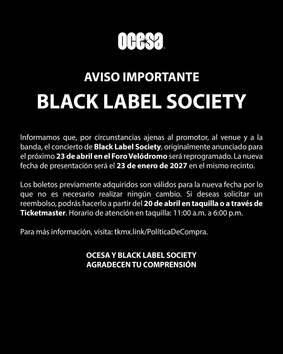 AVISO IMPORTANTE. The Black Label Society cambia de fecha las 23 de enero del 2027 en Foro Velódromo.