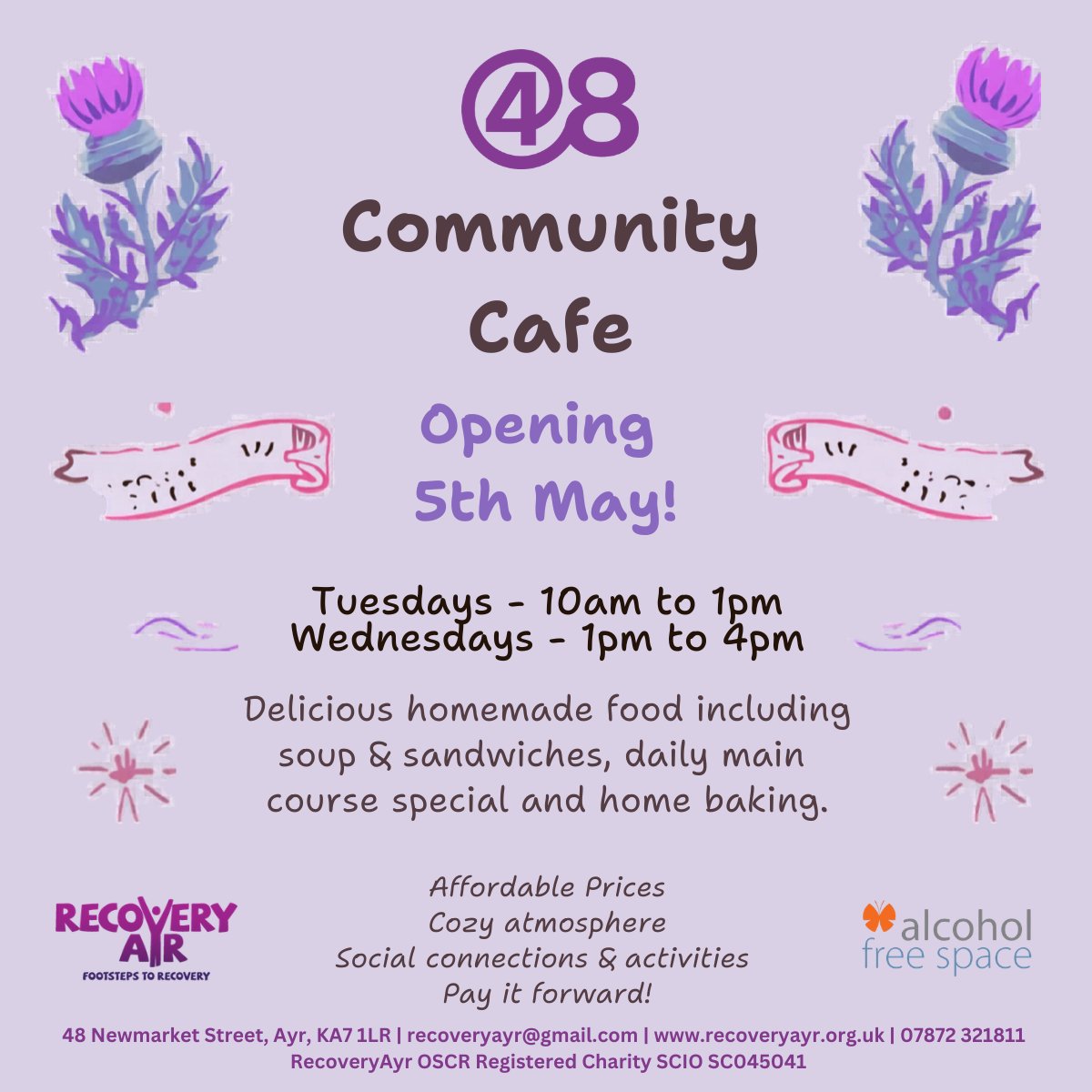 Exciting announcement!

We are delighted to let you know we are opening our <a href="/48/">Я хо4у спать</a> Community Cafe on the 5th May! 

Tuesday &amp; Wednesday opening for now!

(48 Newmarket Street, Ayr)

#alcoholfree #communityspace
