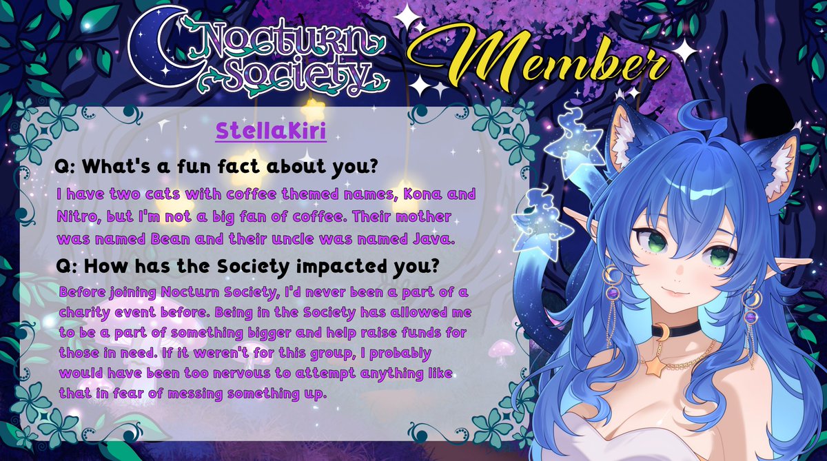 NocturnSociety's tweet image. Let’s meet one of our members, @StellaKiriVT!

We asked for a fun fact and how the Nocturn Society has impacted each member!

#nocturnsociety #streamers #TwitchStreamers #twitch #streamerteam #team