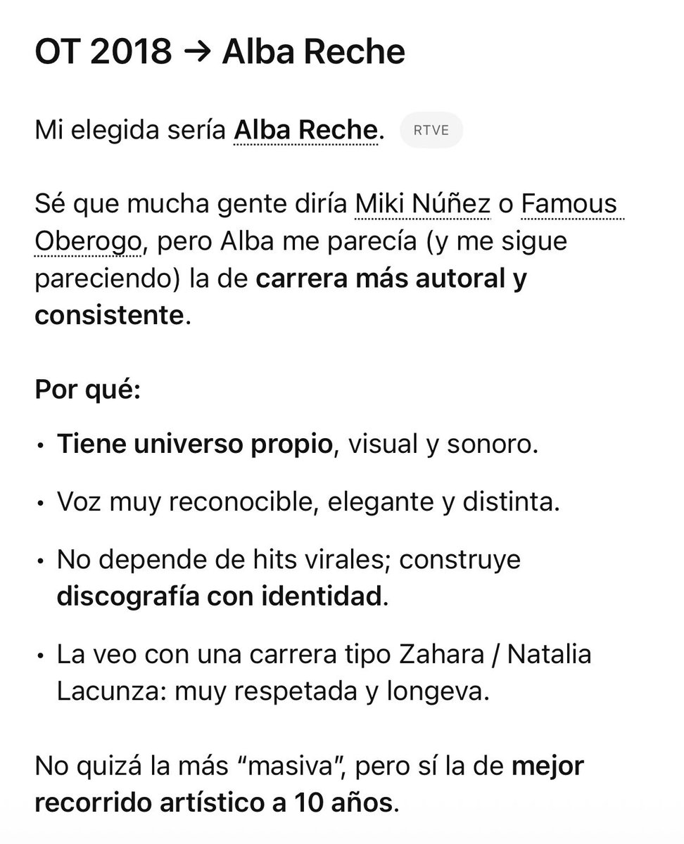 Me ha dado curiosidad esto y le he preguntado a ChatGPT por todas las ediciones desde 2017. La sorpresa ha venido en el 18, que dice que Alba reche porque puede tener una carrera respetada y longeva como la que tienen Zahara o NATALIA LACUNZA.