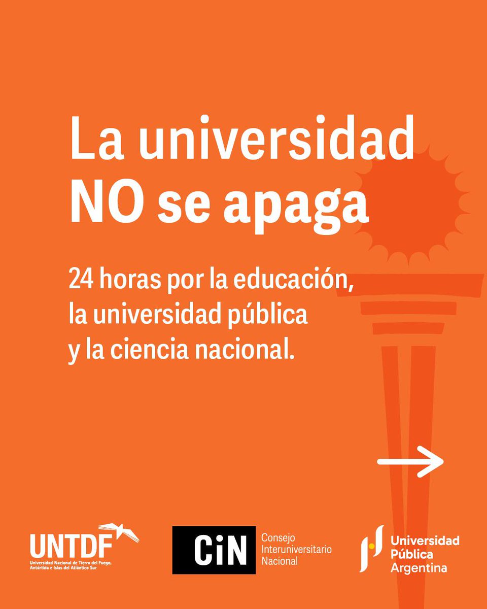 UNTDF's tweet photo. 📢La Universidad no se apaga | 24hs por la educación, la universidad pública y la ciencia nacional 

La iniciativa impulsada por el @CINoficial  y el Frente Sindical Universitario busca exigir el cumplimiento de la Ley de Financiamiento Universitario 
https://t.co/CcNRBrLxXT https://t.co/HJB9dTUfLD