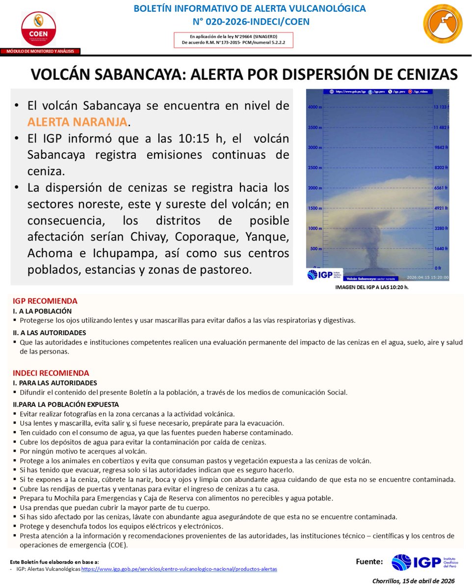 COENPeru's tweet photo. 📢 Volcán #Sabancaya (Arequipa) registró esta mañana una explosión con dispersión de cenizas que van en dirección al sector noreste, este y sureste hacia los distritos de #Chivay, Coporaque, Yanque, Achoma e Ichupampa y centros poblados, según informó el @igp_peru. El @indeciperu recomienda a la población usar mascarilla y lentes, proteger las fuentes de agua y mantenerse informados por los canales oficiales.