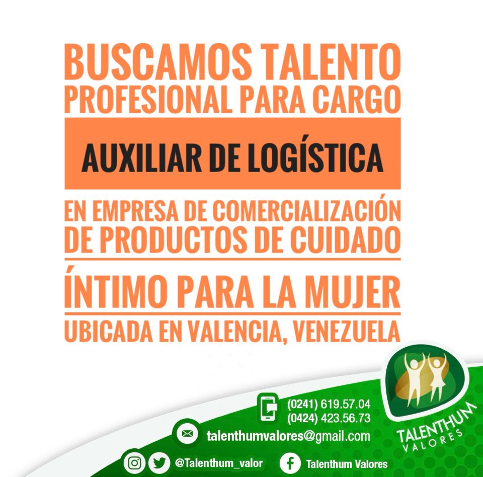 Talenthum_Valor's tweet photo. Oportunidad de empleo…Buscamos para Valencia Venezuela AUXILIAR DE SOPORTE Y LOGÍSTICA DE ACTIVOS. Para laborar modalidad presencial en importante empresa de comercialización de productos de cuidado íntimo para la mujer Interesados enviar CV al correo talenthumvalores@gmail.com https://t.co/f9VcCk2VT1