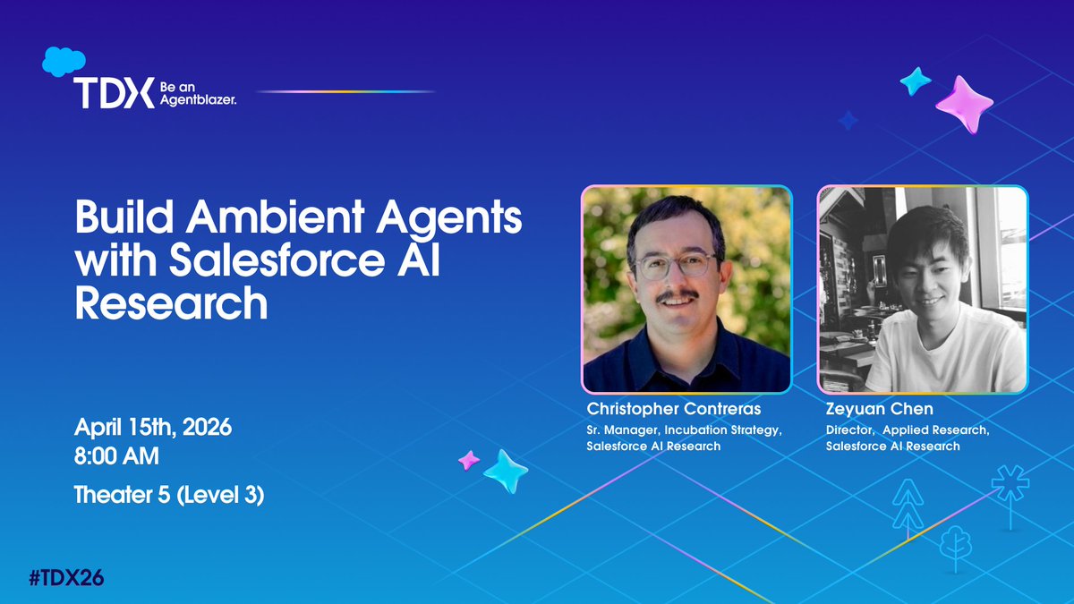 SFResearch's tweet image. Agents that act before you ask — that's what ambient intelligence looks like in practice. sforce.co/3OkvMdg

See it in action tomorrow morning at #TDX26.

#FutureOfAI #EnterpriseAI #AgenticAI