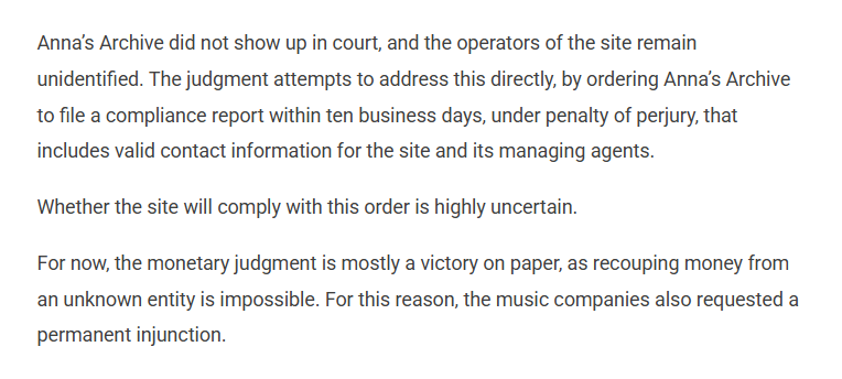 owenboswarva's tweet image. Anna's Archive Loses $322 Million Spotify Piracy Case Without a Fight torrentfreak.com/annas-archive-…

Default judgment in US district court torrentfreak.com/images/aadefau…

annas-archive.gl

#IPlaw #webarchiving #shadowlibraries #openweb
