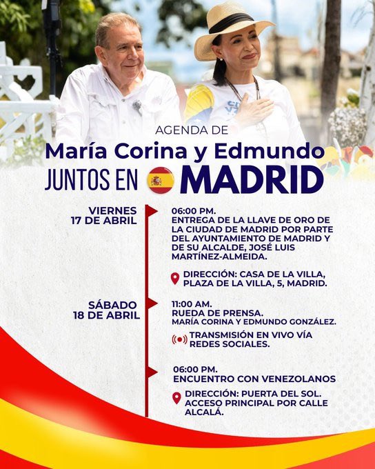 freddyzur's tweet image. La esperanza llega a Madrid. 🇻🇪 Ver a @MariaCorinaYA y @EdmundoGU juntos en la Puerta del Sol será un momento histórico. Nos vemos el sábado 18 a las 06:00 PM para demostrar que seguimos unidos por la libertad. ¡No faltes! 🤝💪 #HastaElFinal #VenezuelaLibre
