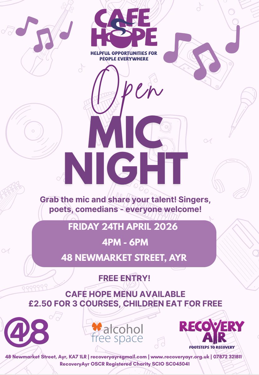 Our next theme night for Cafe Hope is Open Mic night on the 24th April!

To sign up email RecoveryAyr@gmail.com, send a PM or speak to one of the team at <a href="/48/">Я хо4у спать</a> 🎙️ 🎶 🎭