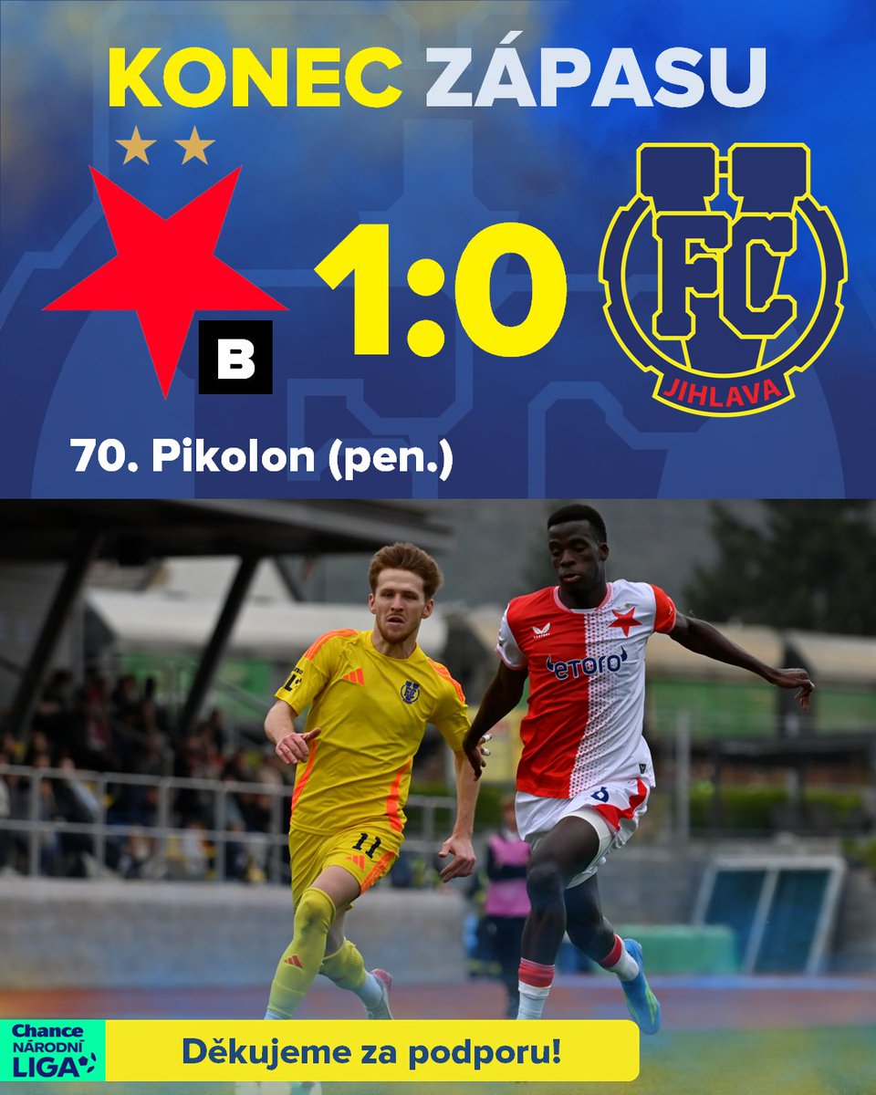 Dul dvou celků, které v roce 2026 čekaly na první ligovou výhru, dopadl lépe pro rezervu Slavie Praha. Utkání rozhodla penalta, kterou proměnil Pikolon v 70. minutě – 1:0 (0:0). FC Vysočina tak čeká na vítězství už osm utkání Chance Národní Ligy a propadl se na 15. pozici.