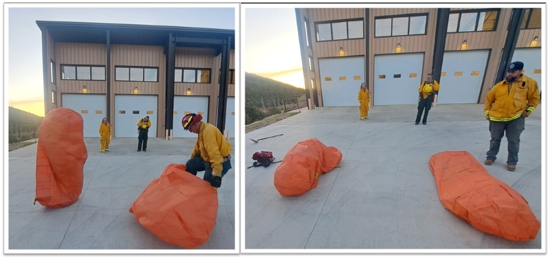 RioFernandoFD's tweet photo. Getting ready for wildland fire season Tuesday evening - practicing deploying fire shelters. https://t.co/MxBAiUxLjv