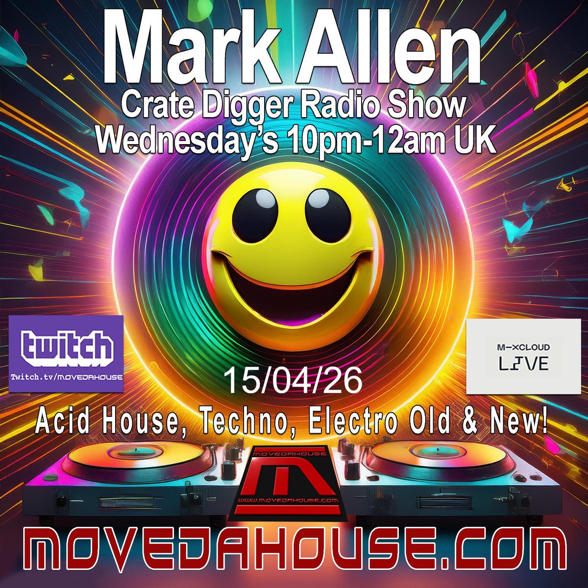 MoveDaHouse's tweet photo. #Wednesday 15th/4 #movedahouse #live #radioshows #livestreaming #inthemix from 10pm-12am UK - DJ Mark Allen-Crate Digger Radio Show LIVE
@Markallen303
#acidhouse #techno #electro #worldwide #internetradio #listen #watch #chat link:https://t.co/u0pzhAJjnD https://t.co/J50kmgztfQ