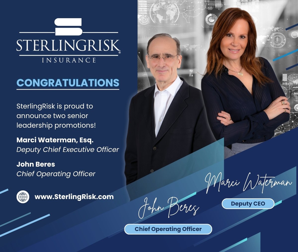 SterRisk's tweet image. We’re proud to share two important leadership promotions. Marci Waterman has been named 𝘿𝙚𝙥𝙪𝙩𝙮 𝘾𝙀𝙊 and John Beres has been promoted to 𝘾𝙝𝙞𝙚𝙛 𝙊𝙥𝙚𝙧𝙖𝙩𝙞𝙣𝙜 𝙊𝙛𝙛𝙞𝙘𝙚𝙧.

sterlingrisk.com/sterlingrisk-a…

#Promotions #Strategy #Vision #LeadershipTeam #Congratulations