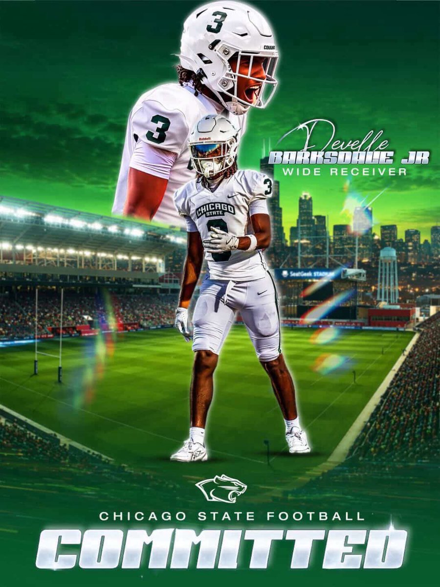 Chicagostatefbf's tweet photo. Breaking News: 6'2 185lb Wr Develle Barksdale Jr has committed and signed to #chicagostateuniversity 🟢⚪️ 
I asked," Why CSU?" And "what
are you looking forward to?"
#chicagostate #chistatefb #gocougars #play4rome #whynotus https://t.co/iOeYroCMPq