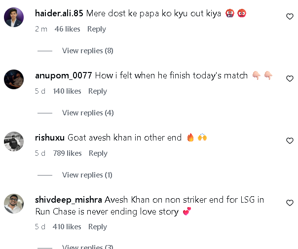 singh_virendra7's tweet photo. @SelflessCricket 🚨Avesh khan's comment section of his instagram account😂😂🚨
#RCBvSLSG #RCBvLSG #TATAIPL #IPL2026 #Viratkohli #mdShami #pant #patidar https://t.co/bS27L8oYiJ