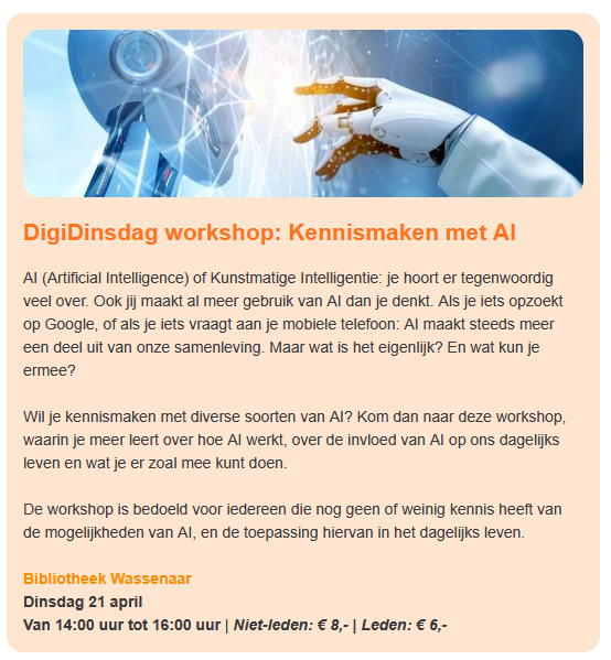 Workshop AI in Bieb Wassenaar.  21 april 14-16 u <a href="/OBVW/">Bibliotheek Voorschoten-Wassenaar</a>
