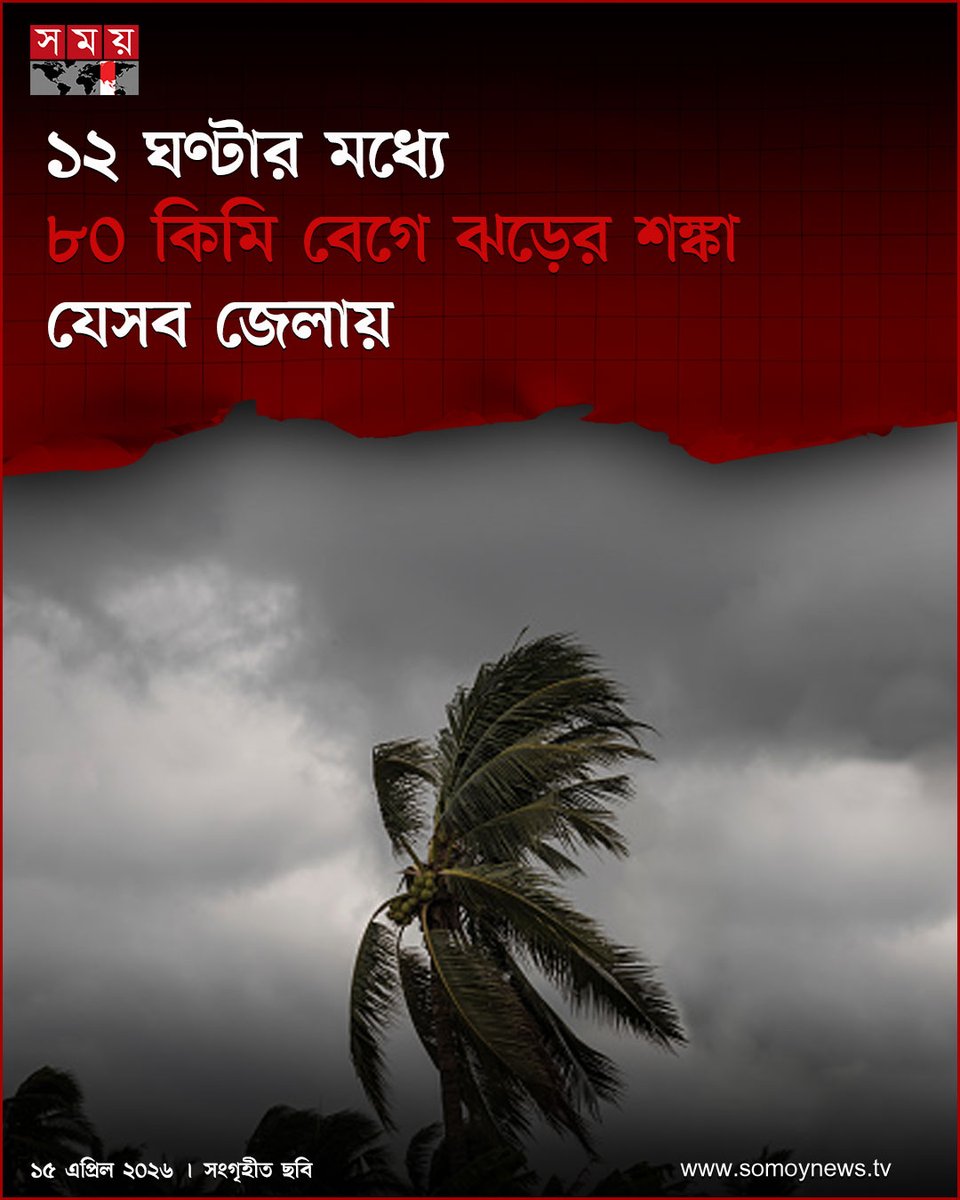 somoytv's tweet image. সকালের মধ্যে দেশের চার জেলায় ৮০ কিলোমিটার বেগে ঝড় বয়ে যাওয়ার আশঙ্কা রয়েছে। সেইসঙ্গে বৃষ্টি বা বজ্রবৃষ্টিরও হতে পারে

বিস্তারিত : somoynews.tv/news/2026-04-1…

#strom #weather #weatherforecast #somoytv
