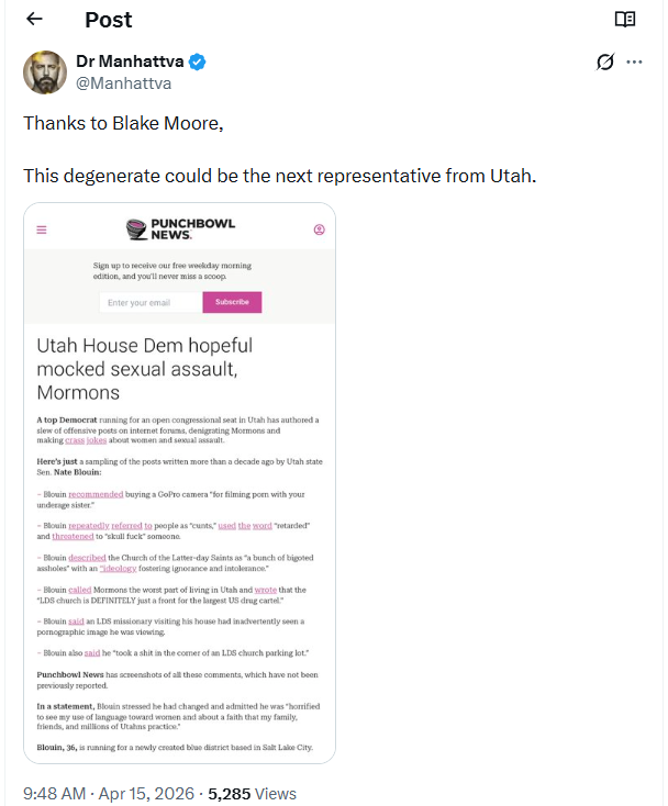 I think that the comments being reported on from Nate Blouin are wholly inexcusable and I think that people have a right to be upset at them.

But it's frustrating to see so many people who fully support Donald Trump, a man who has said things that are equally, if not more,
