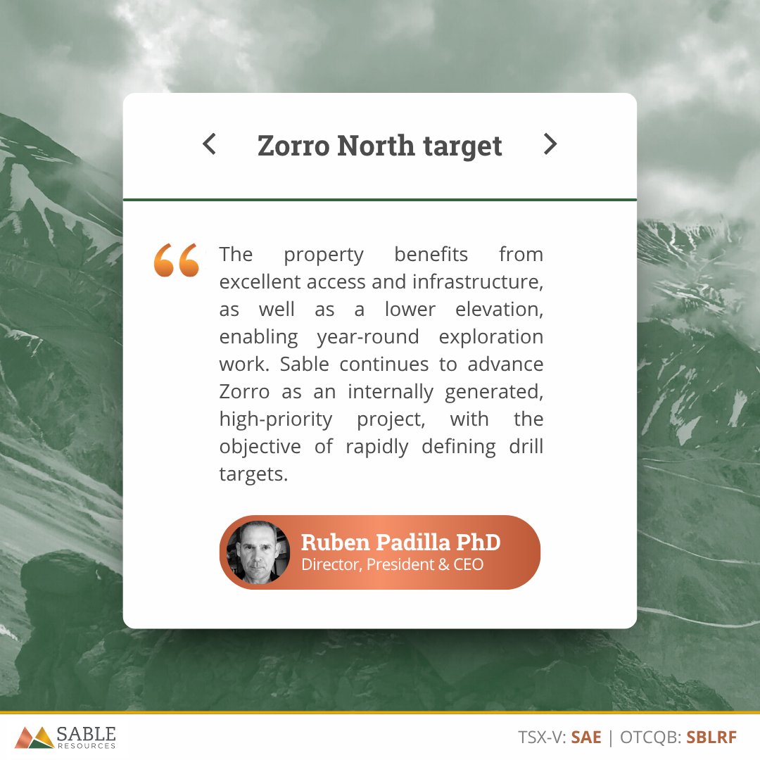 ResourcesSable's tweet photo. A new copper-mineralized zone, Zorro North, has been identified within the Zorro Project in San Juan, Argentina, located approximately 1.5 km northwest of the Zorro Cu target.

🔗 Read the February 25, 2026, news release:
https://t.co/dqFDbh96u8 https://t.co/joigPRcIvT