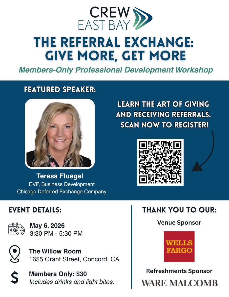 CREWEastBay's tweet photo. Members-Only Professional Development Workshop
Join CREW East Bay for an exclusive session with Past President Teresa Fluegel, focused on mastering the art of giving and receiving referrals.

📅 Event Details &amp; Registration: https://t.co/boC5PREb1c https://t.co/q9KaPEwJ8h