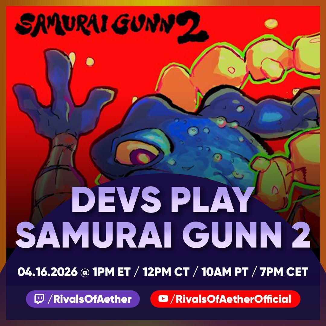 RivalsOfAether's tweet photo. This week on our dev stream we'll be playing Samurai Gunn 2! 

Tune in Thursday as we check out Ranno and slice, dice, and shoot eachother to bits https://t.co/IRZv4WYVMH