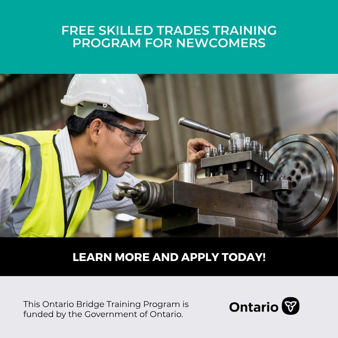 CentreConnect's tweet photo. New to Canada with trades experience? 
Learn about our FREE Machining for Newcomers program designed to help internationally trained professionals transition into careers as machinists 429A

https://t.co/fFZVze44LN

This Ontario Bridge Training Program is funded Ontario At Work https://t.co/lXaA42aWdV