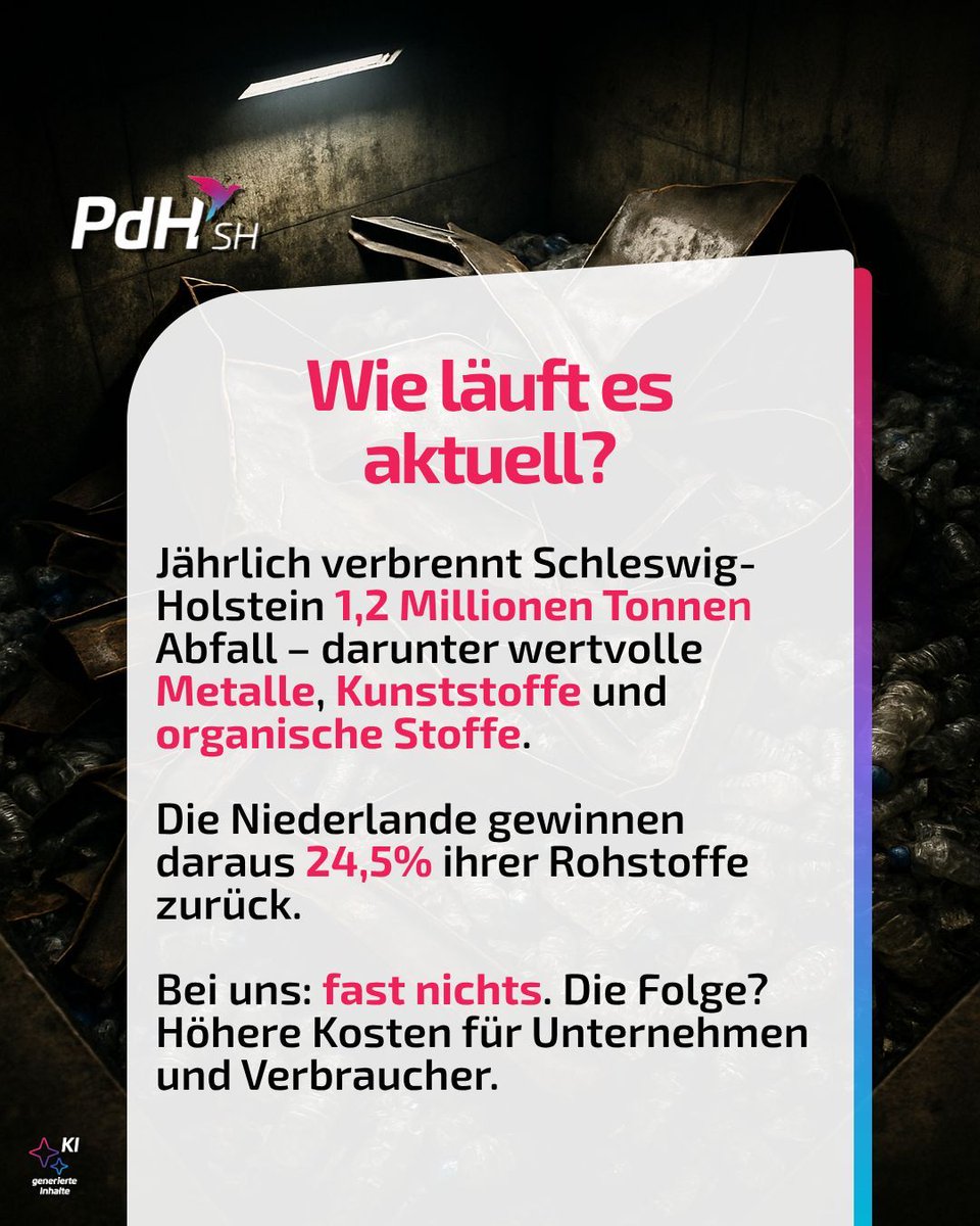 PdH_SH's tweet photo. Schleswig-Holstein verbrennt 60% seines Abfalls – und vernichtet damit Rohstoffe, Jobs und Zukunft. Die Niederlande recyceln fast 25%. Warum wir hinterherhinken? Weil Politik an veralteten Strukturen festhält. Das kostet uns Milliarden. 

#dagehtnochmehr #pdh #pdh_sh https://t.co/K0NAO0HLwp