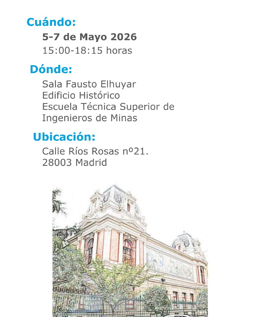minasenergiaupm's tweet photo. 📢 III Seminario sobre Gestión de Residuos Mineros
📅 5–7 mayo 2026
🕒 15:00 – 18:15
📍 Sala Fausto Elhuyar, Edificio Histórico, ETSIME (Calle Ríos Rosas, 21, 28003, Madrid)
Más información en el QR
#somosupm #etsimeupm #PatersonandCooke #Mineria #Formación #Seminario https://t.co/SvGCNwwJFJ