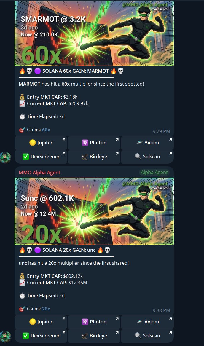 MMOProOfficial's tweet photo. $MARMOT 60x ๐ฅ
$unc 20x ๐ฅ
detected early via $MMO Alpha Agent.
Soon you can trace and trade the winners in one place! ๐ค Final testing is in progress.
#Solana #meme #memesignals #trading https://t.co/a7TX0kKGCJ